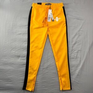 Rebel Minds Mens Yellow Black Side Stripe Graphic Track Pants Joggers Small